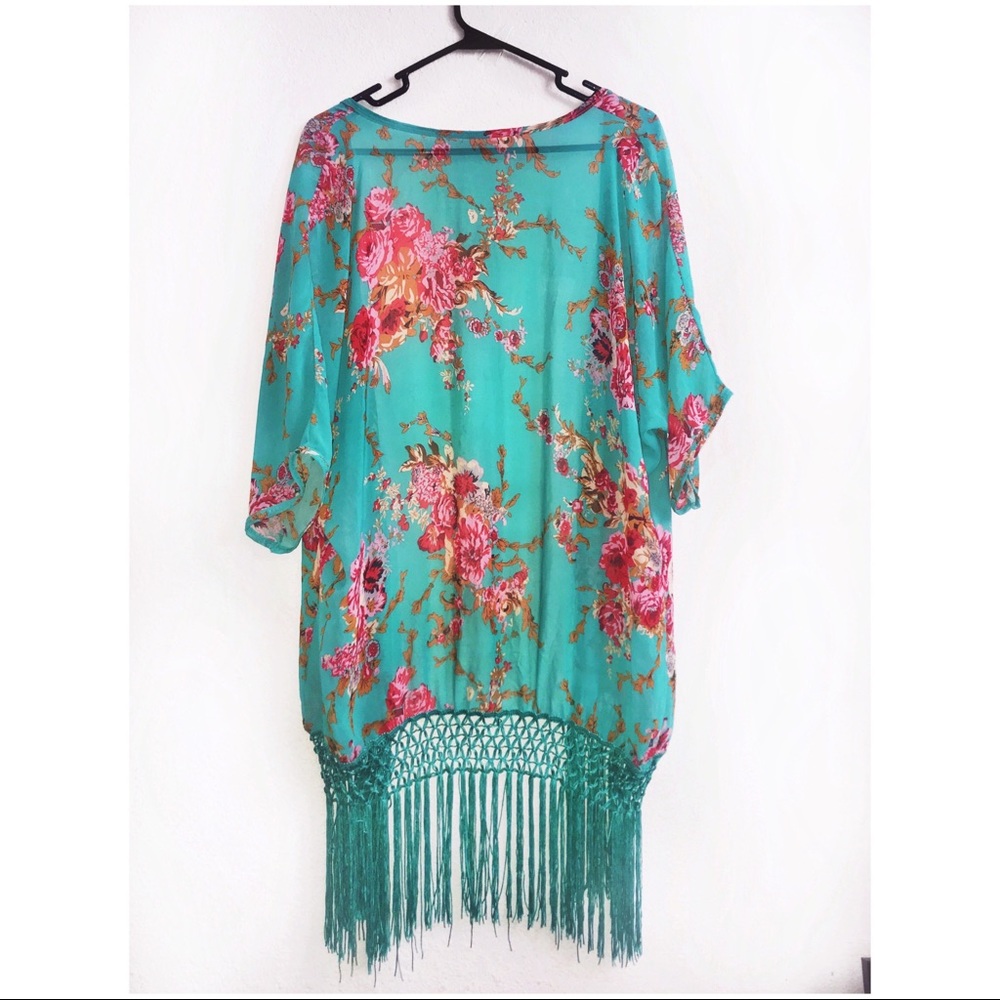 Floral Print Macrame Fringe Kimono